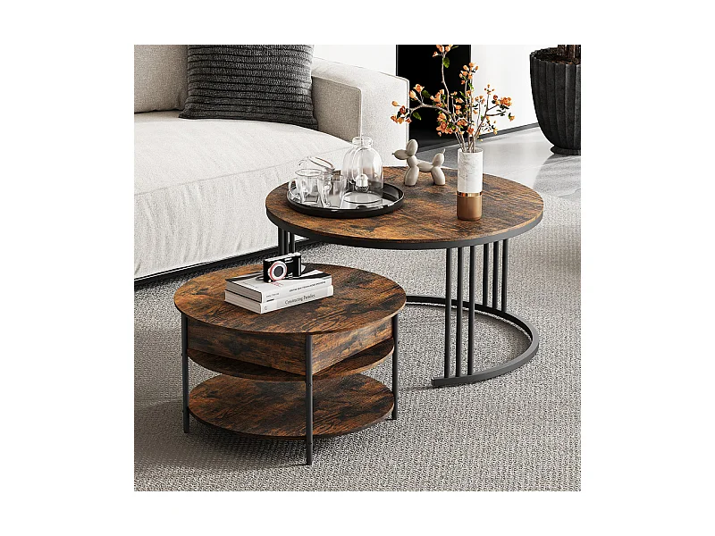 Tables basses gigognes ronde, avec plateau relevable, cadre métal, charge max 80kg, Noir et Taupe