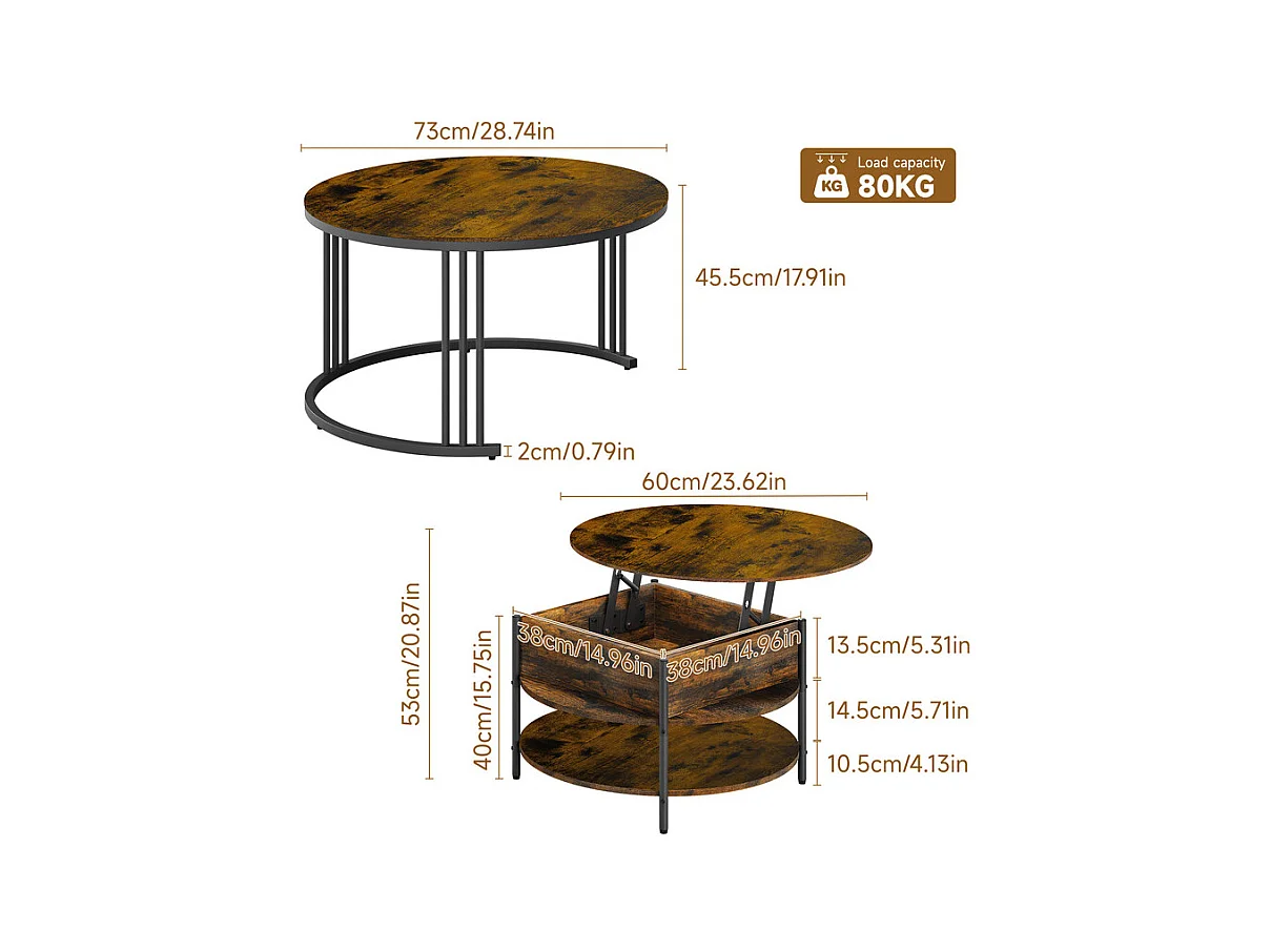 Tables basses gigognes ronde, avec plateau relevable, cadre métal, charge max 80kg, Noir et Taupe