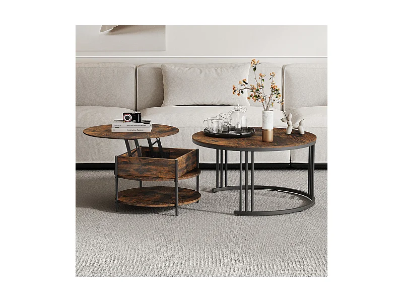 Tables basses gigognes ronde, avec plateau relevable, cadre métal, charge max 80kg, Noir et Taupe