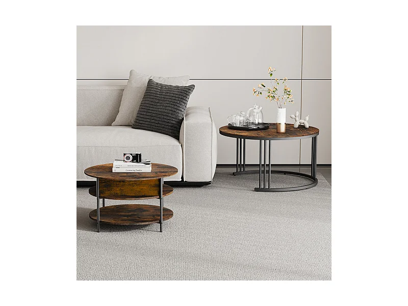 Tables basses gigognes ronde, avec plateau relevable, cadre métal, charge max 80kg, Noir et Taupe