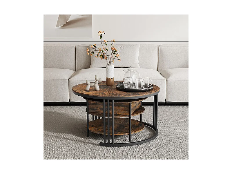 Tables basses gigognes ronde, avec plateau relevable, cadre métal, charge max 80kg, Noir et Taupe