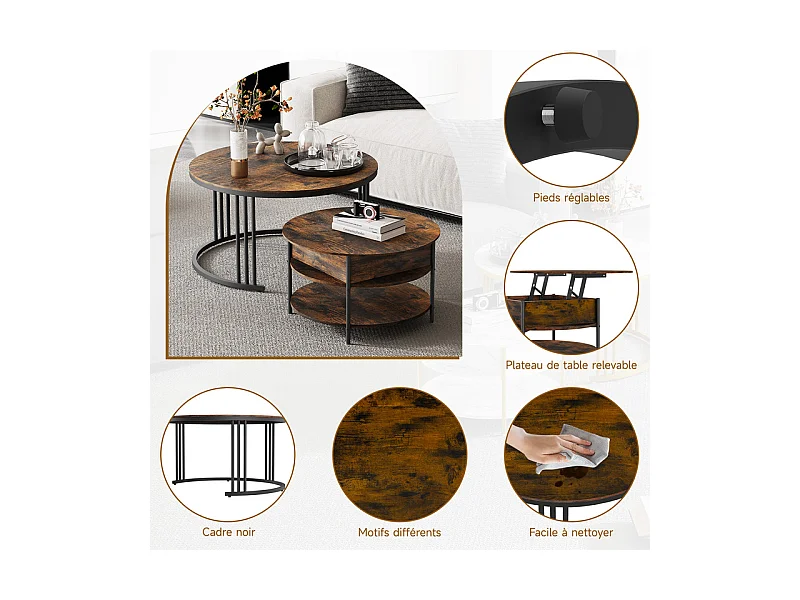 Tables basses gigognes ronde, avec plateau relevable, cadre métal, charge max 80kg, Noir et Taupe