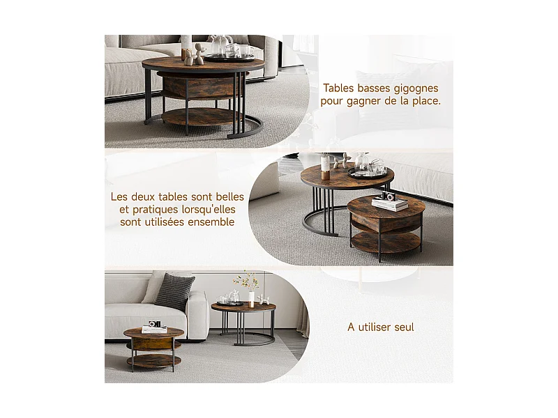 Tables basses gigognes ronde, avec plateau relevable, cadre métal, charge max 80kg, Noir et Taupe
