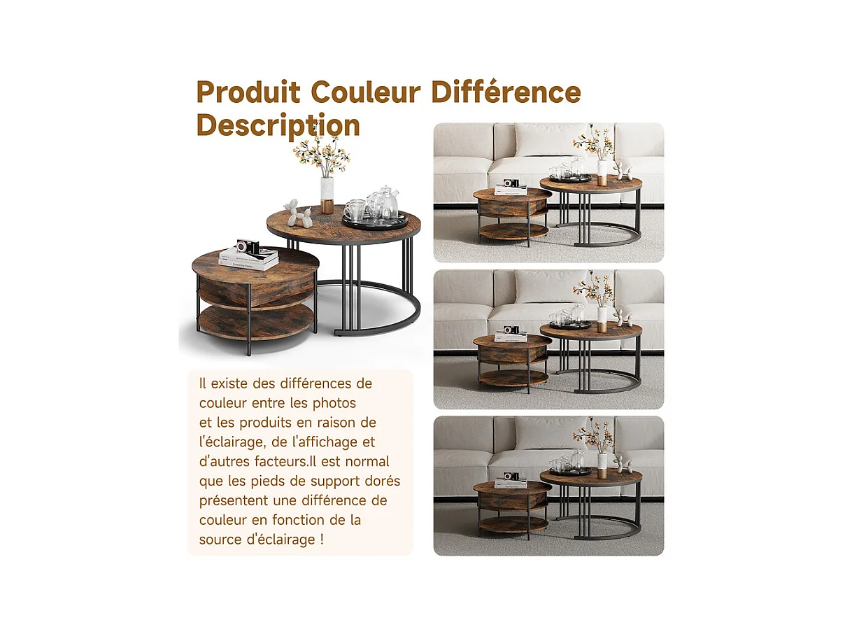 Tables basses gigognes ronde, avec plateau relevable, cadre métal, charge max 80kg, Noir et Taupe