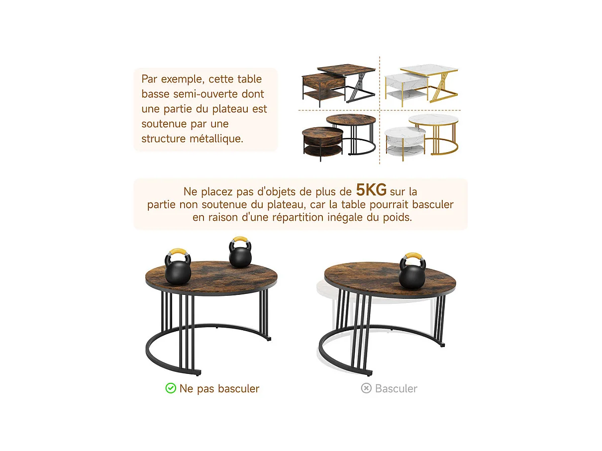 Tables basses gigognes ronde, avec plateau relevable, cadre métal, charge max 80kg, Noir et Taupe
