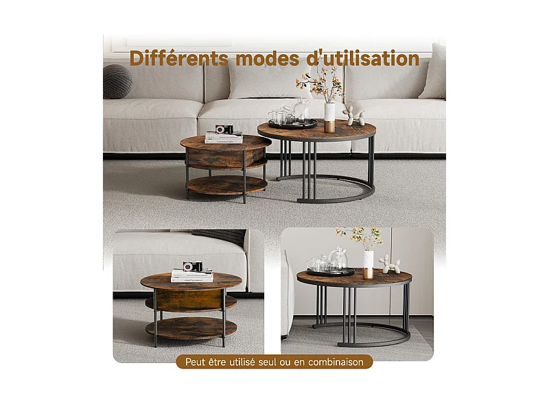 Tables basses gigognes ronde, avec plateau relevable, cadre métal, charge max 80kg, Noir et Taupe