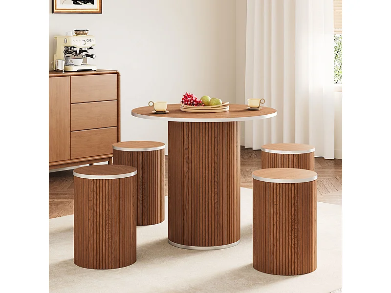 Set Runder Tisch mit 4 Hockern - Nussbaumfurnier - max. Belastung 272 kg - Schokoladenbraun