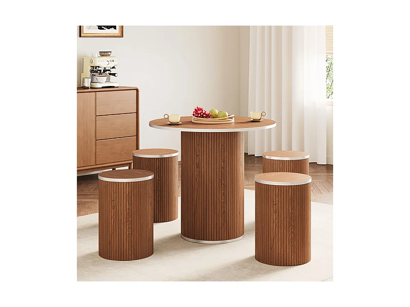 Ensemble Table ronde avec 4 tabourets - placage noyer - charge max 272 kg - Marron Chocolat