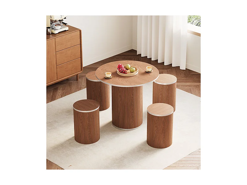 Ensemble Table ronde avec 4 tabourets - placage noyer - charge max 272 kg - Marron Chocolat