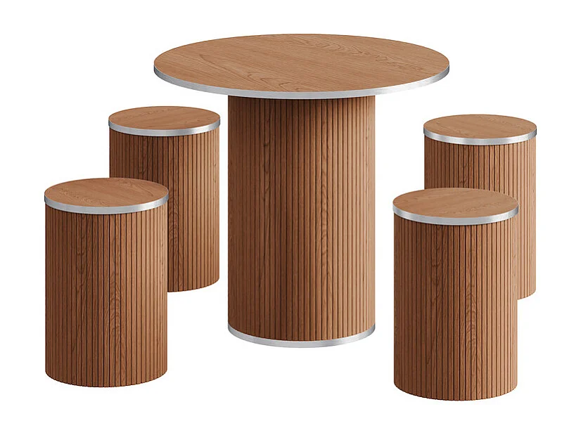 Ensemble Table ronde avec 4 tabourets - placage noyer - charge max 272 kg - Marron Chocolat