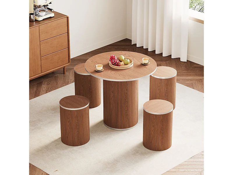 Ensemble Table ronde avec 4 tabourets - placage noyer - charge max 272 kg - Marron Chocolat