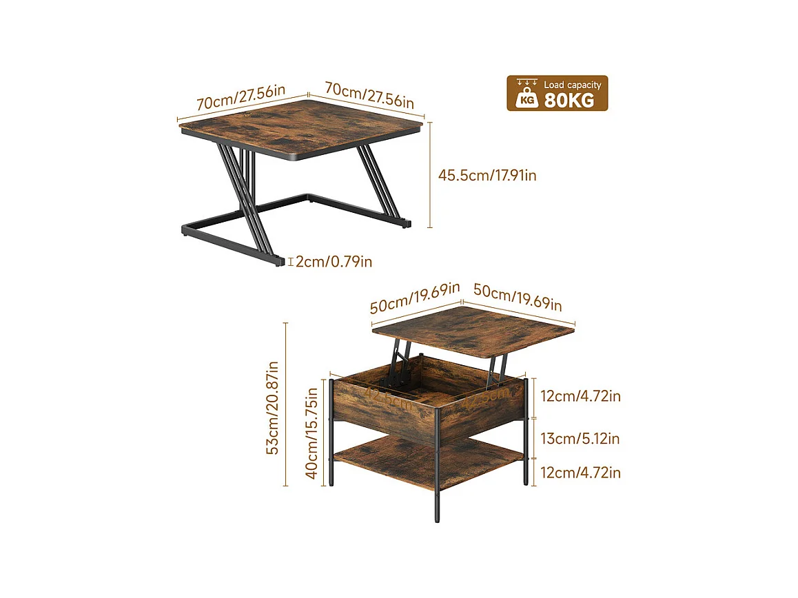 Nestbijzettafels vierkant, met opklapbaar blad, metalen frame, max belasting 80kg, Zwart en Taupe