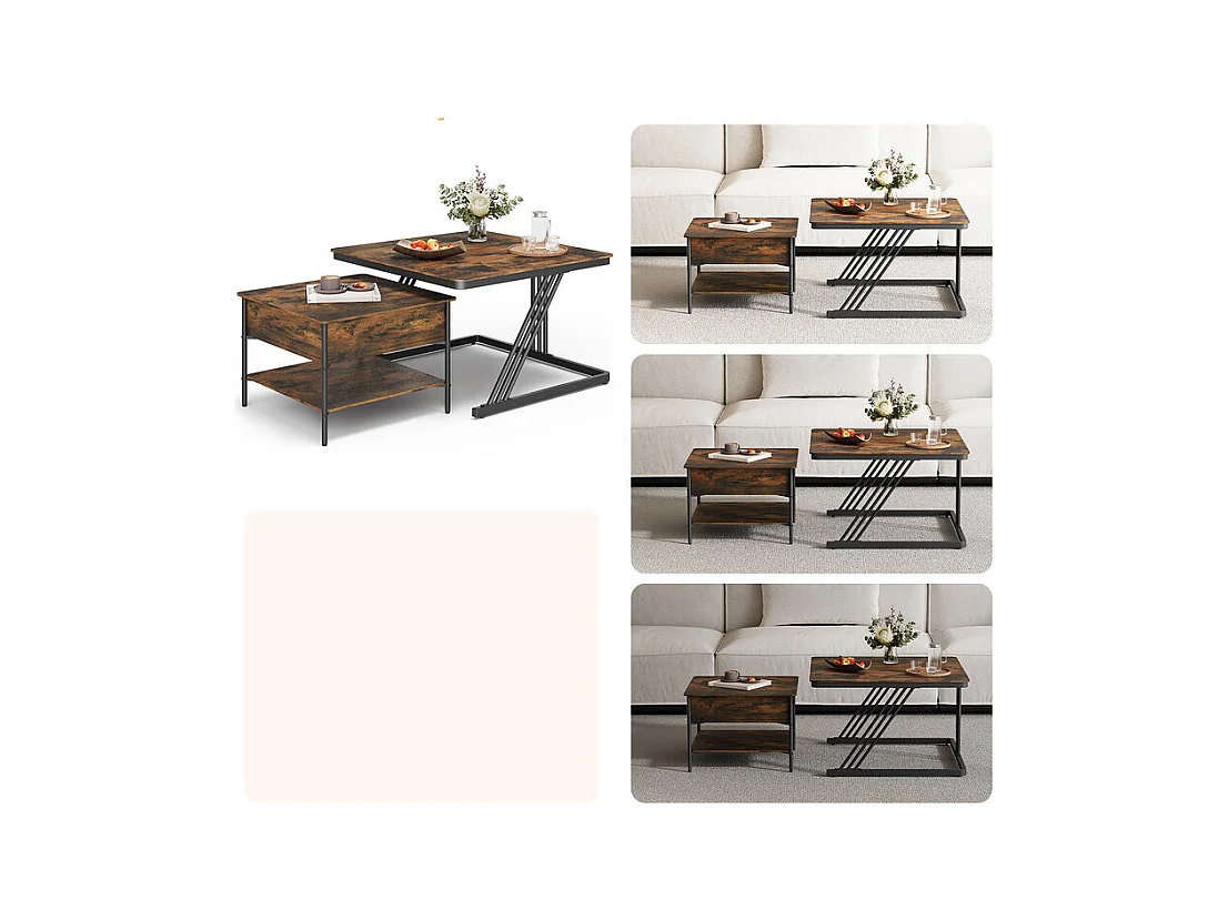 Nestbijzettafels vierkant, met opklapbaar blad, metalen frame, max belasting 80kg, Zwart en Taupe