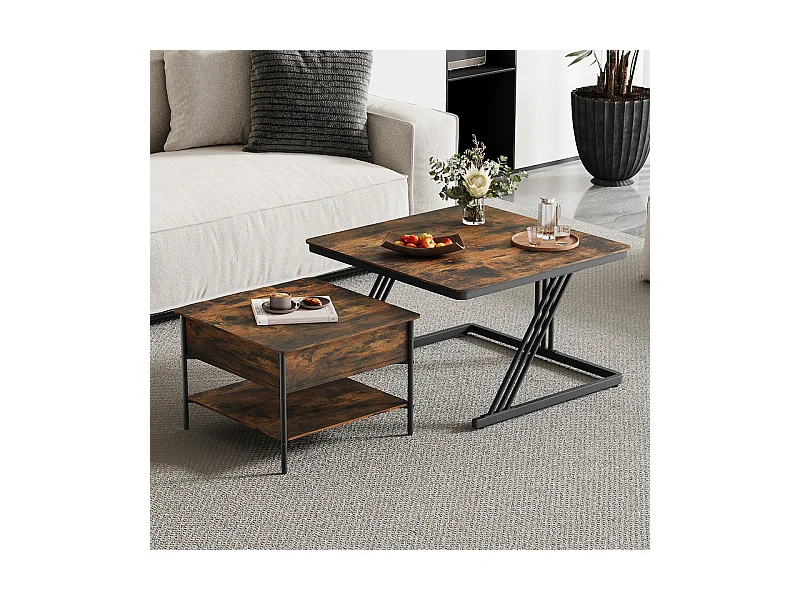 Tables basses gigognes carrée, avec plateau relevable, cadre métal, charge max 80kg, Noir et Taupe