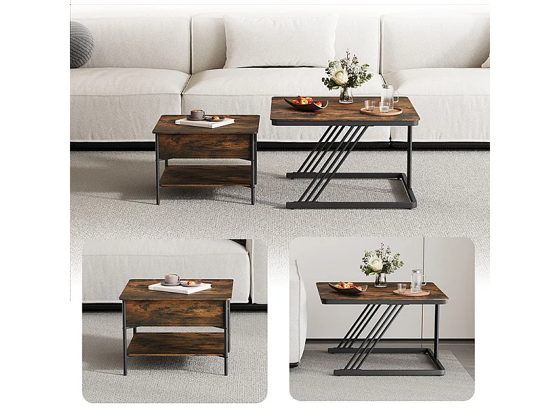 Nest-Beistelltische quadratisch, mit klappbarer Platte, Metallgestell, max. Belastung 80kg, Schwarz und Taupe