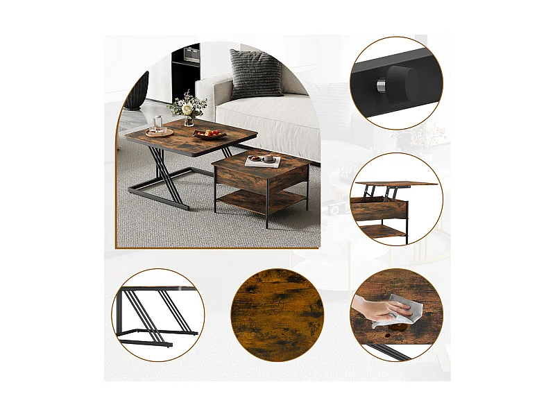 Nest-Beistelltische quadratisch, mit klappbarer Platte, Metallgestell, max. Belastung 80kg, Schwarz und Taupe