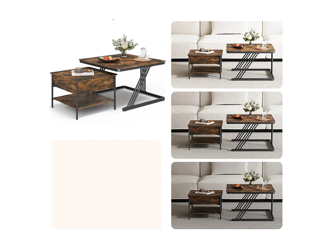 Nest-Beistelltische quadratisch, mit klappbarer Platte, Metallgestell, max. Belastung 80kg, Schwarz und Taupe