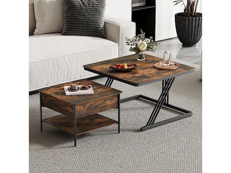 Tables basses gigognes carrée, avec plateau relevable, cadre métal, charge max 80kg, Noir et Taupe