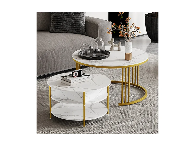 Tables basses gigognes ronde, avec plateau relevable, pieds de métal doré, charge max 80kg, Blanc et doré