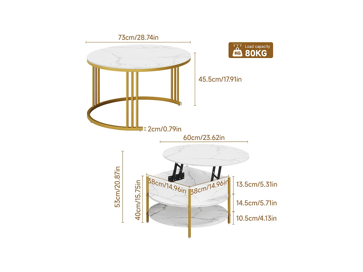 Tables basses gigognes ronde, avec plateau relevable, pieds de métal doré, charge max 80kg, Blanc et doré
