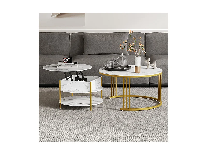 Tables basses gigognes ronde, avec plateau relevable, pieds de métal doré, charge max 80kg, Blanc et doré