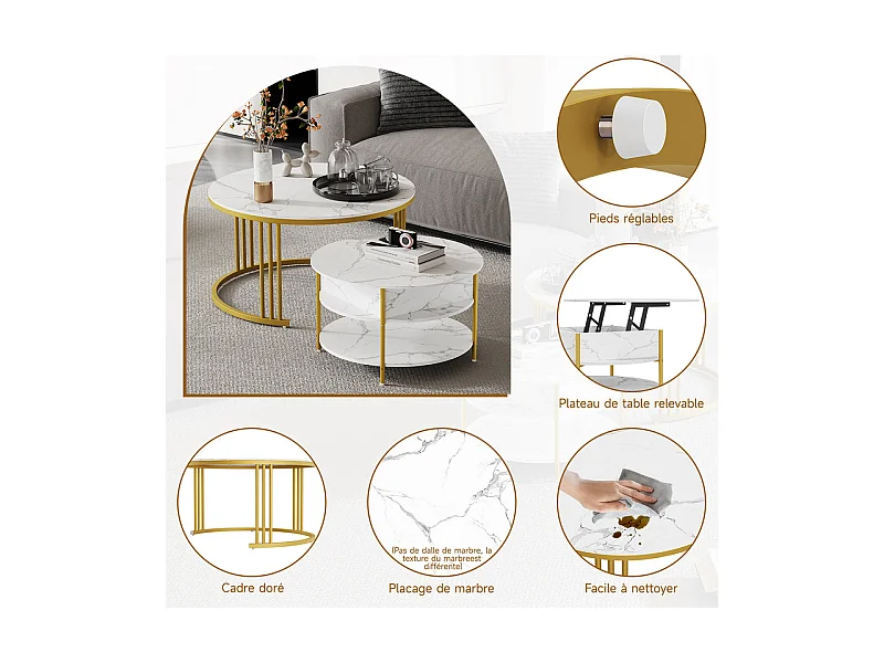 Tables basses gigognes ronde, avec plateau relevable, pieds de métal doré, charge max 80kg, Blanc et doré
