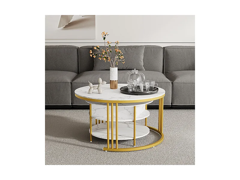 Tables basses gigognes ronde, avec plateau relevable, pieds de métal doré, charge max 80kg, Blanc et doré