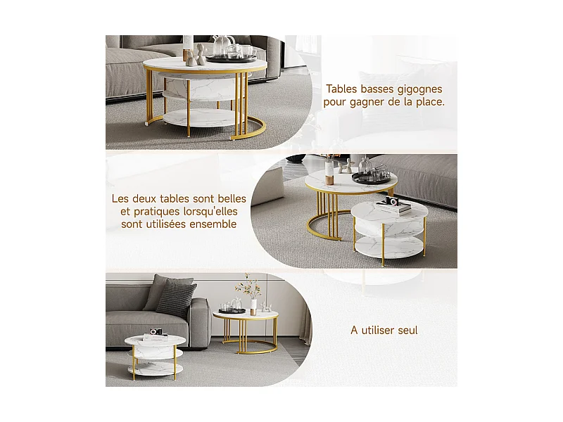 Tables basses gigognes ronde, avec plateau relevable, pieds de métal doré, charge max 80kg, Blanc et doré