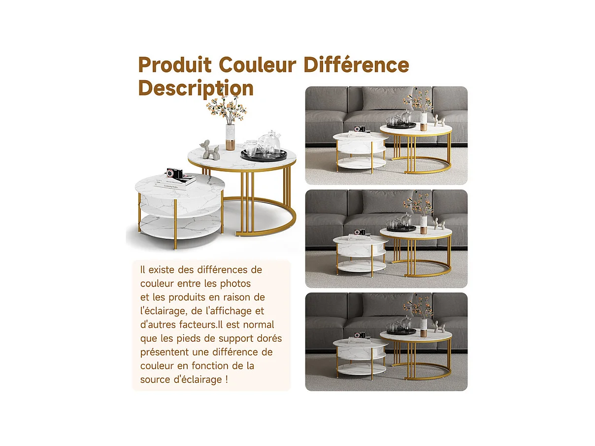 Tables basses gigognes ronde, avec plateau relevable, pieds de métal doré, charge max 80kg, Blanc et doré