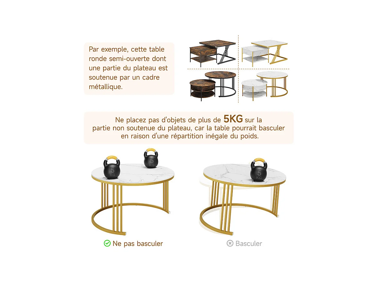 Tables basses gigognes ronde, avec plateau relevable, pieds de métal doré, charge max 80kg, Blanc et doré