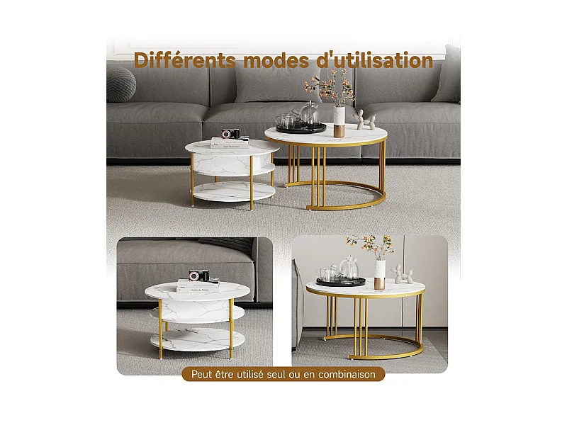 Tables basses gigognes ronde, avec plateau relevable, pieds de métal doré, charge max 80kg, Blanc et doré
