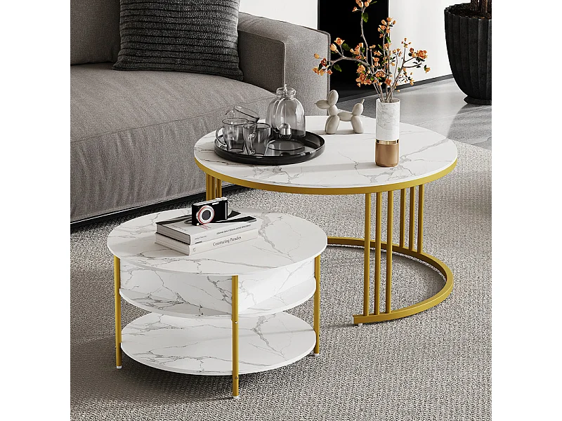 Mesas de centro nido redondas, com tampo rebatível, pés de metal dourado, carga máx. 80kg, Branco e dourado