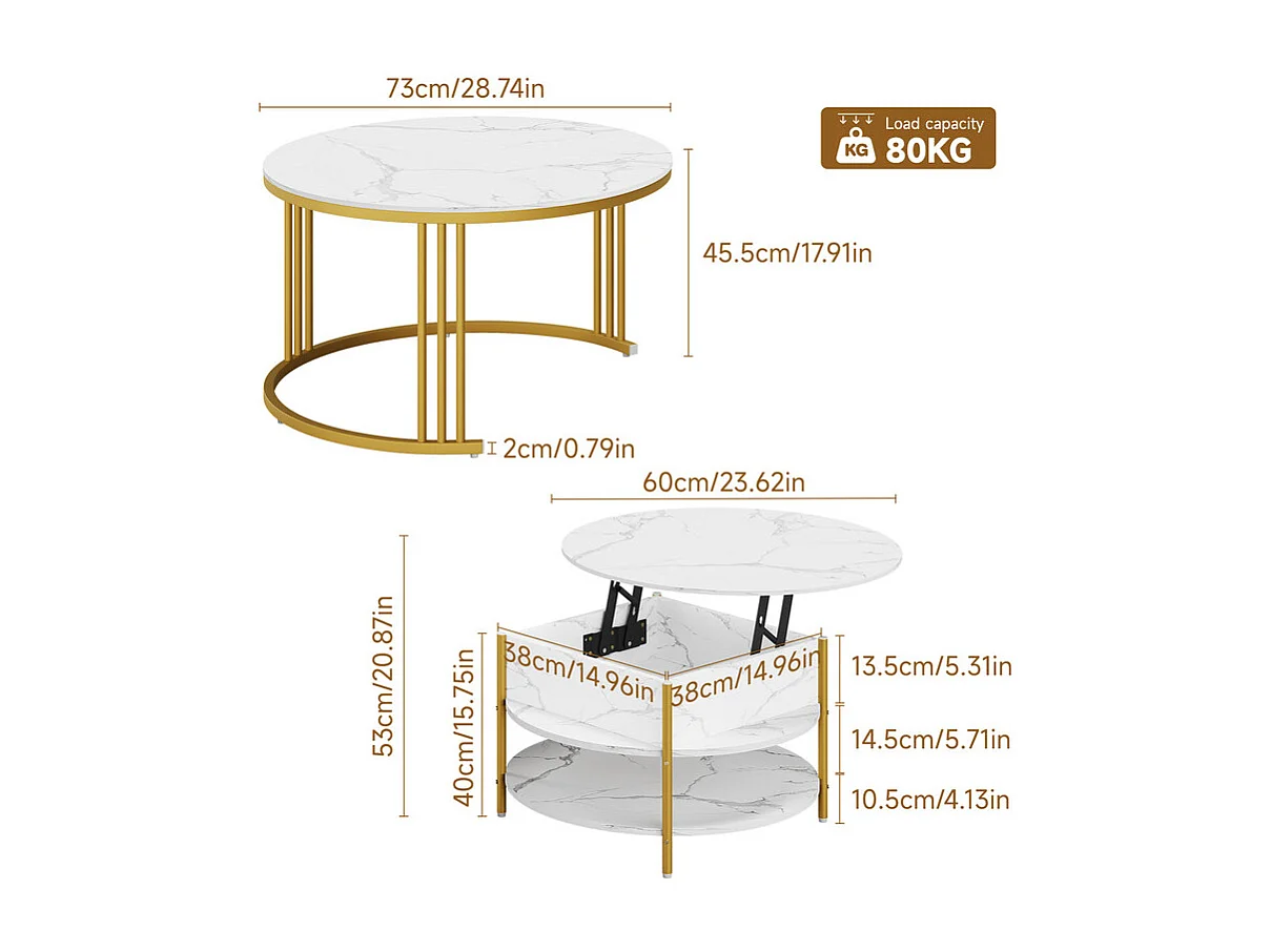 Mesas de centro nido redondas, com tampo rebatível, pés de metal dourado, carga máx. 80kg, Branco e dourado