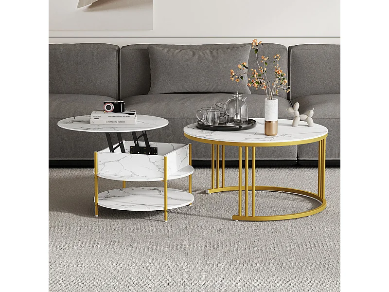 Mesas de centro nido redondas, com tampo rebatível, pés de metal dourado, carga máx. 80kg, Branco e dourado