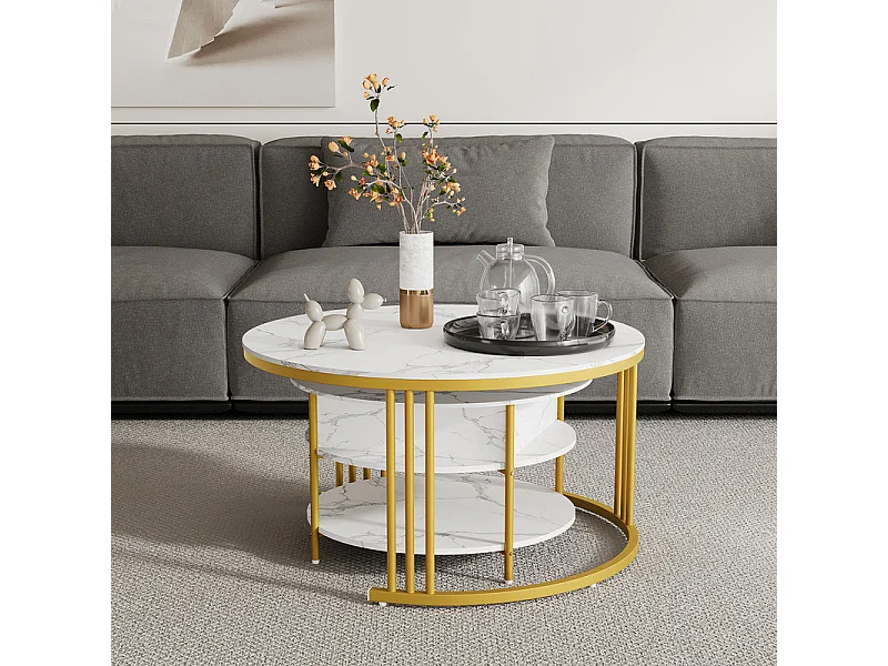 Mesas de centro nido redondas, com tampo rebatível, pés de metal dourado, carga máx. 80kg, Branco e dourado