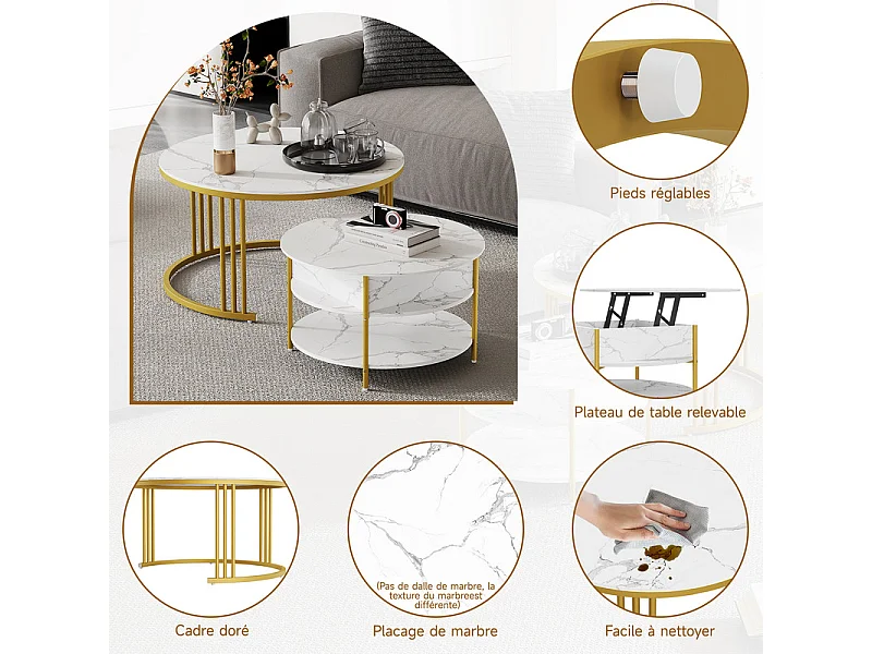 Mesas de centro nido redondas, com tampo rebatível, pés de metal dourado, carga máx. 80kg, Branco e dourado