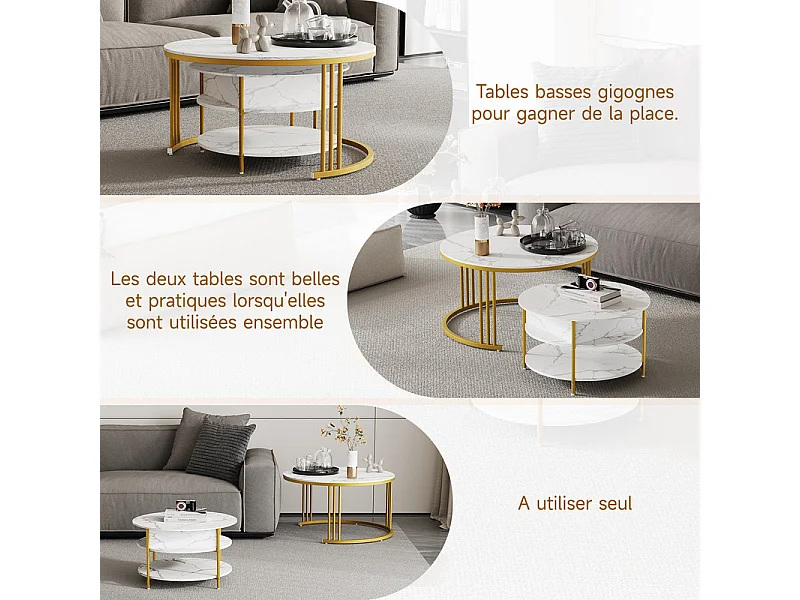 Mesas de centro nido redondas, com tampo rebatível, pés de metal dourado, carga máx. 80kg, Branco e dourado