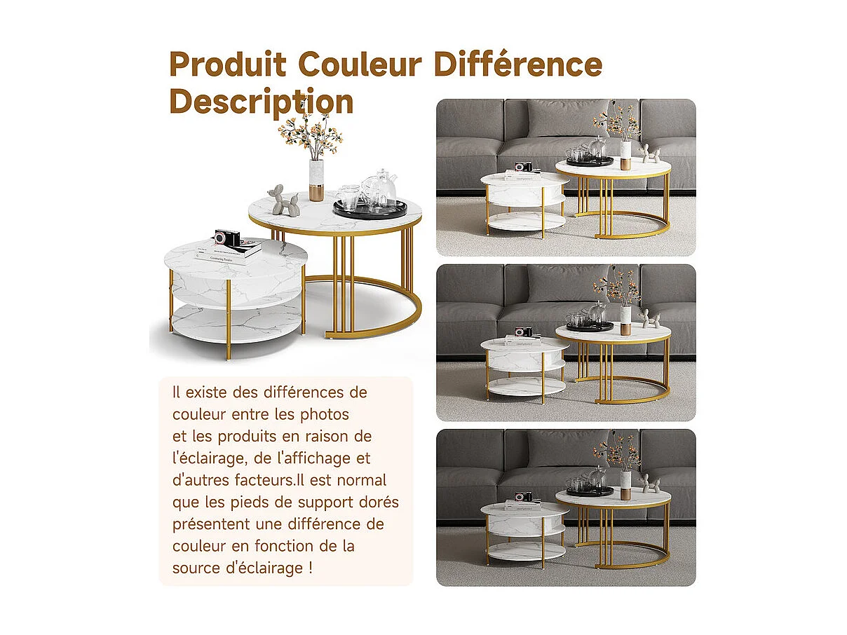 Mesas de centro nido redondas, com tampo rebatível, pés de metal dourado, carga máx. 80kg, Branco e dourado