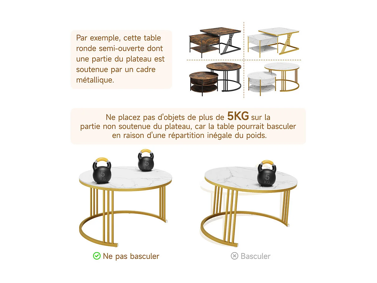 Mesas de centro nido redondas, com tampo rebatível, pés de metal dourado, carga máx. 80kg, Branco e dourado