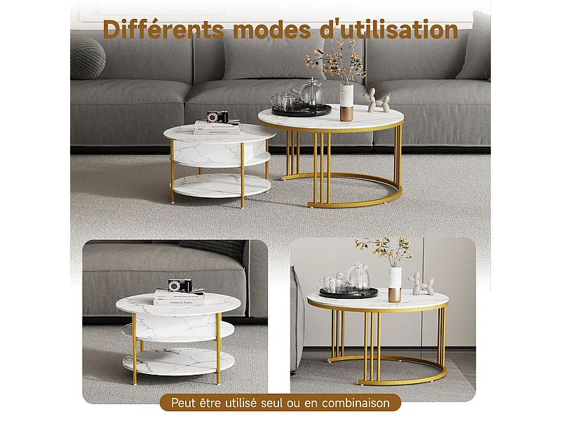 Mesas de centro nido redondas, com tampo rebatível, pés de metal dourado, carga máx. 80kg, Branco e dourado