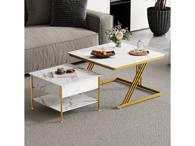 Nest-Beistelltische quadratisch, mit klappbarer Platte, goldene Metallfüße, max. Belastung 80kg, Weiß und gold