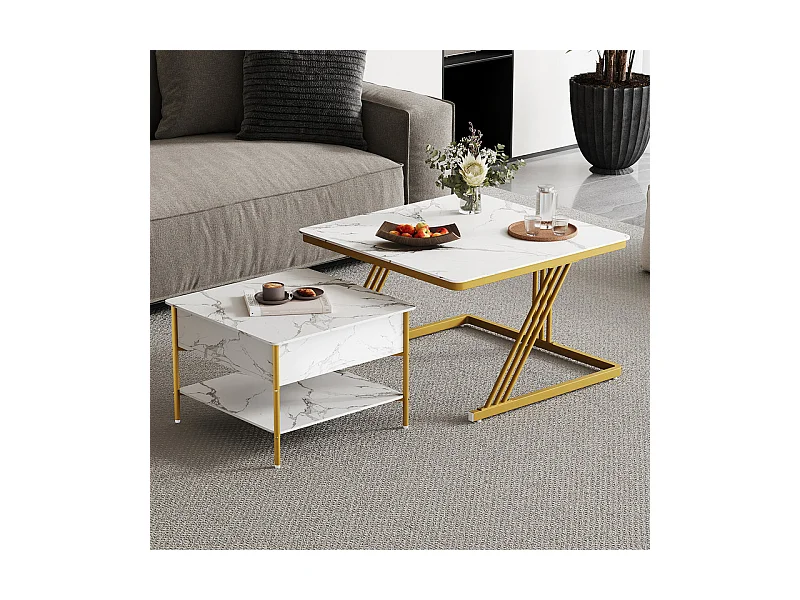 Tables basses gigognes carrée, avec plateau relevable, pieds de métal doré, charge max 80kg, Blanc et doré