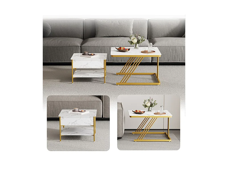 Nest-Beistelltische quadratisch, mit klappbarer Platte, goldene Metallfüße, max. Belastung 80kg, Weiß und gold