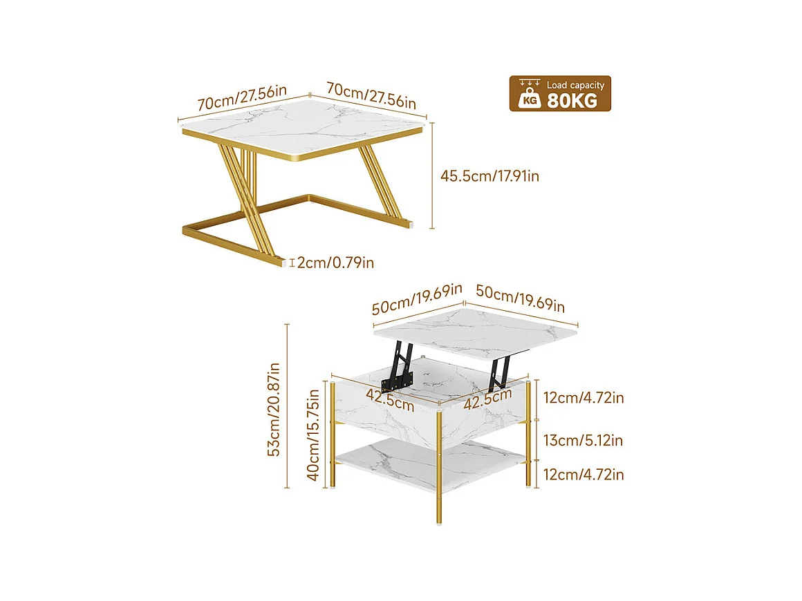 Nest-Beistelltische quadratisch, mit klappbarer Platte, goldene Metallfüße, max. Belastung 80kg, Weiß und gold