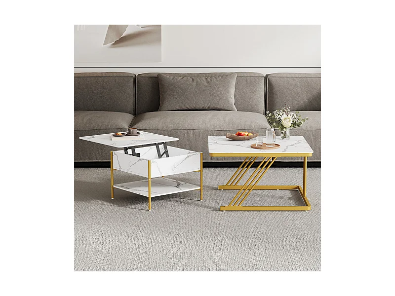 Nest-Beistelltische quadratisch, mit klappbarer Platte, goldene Metallfüße, max. Belastung 80kg, Weiß und gold