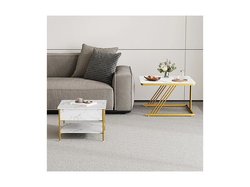 Nest-Beistelltische quadratisch, mit klappbarer Platte, goldene Metallfüße, max. Belastung 80kg, Weiß und gold