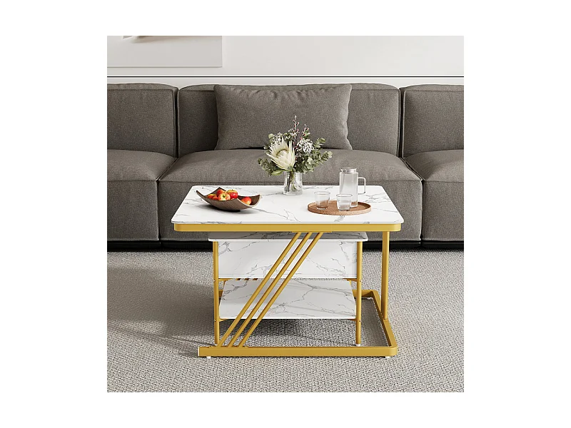 Nest-Beistelltische quadratisch, mit klappbarer Platte, goldene Metallfüße, max. Belastung 80kg, Weiß und gold