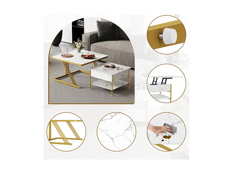 Nest-Beistelltische quadratisch, mit klappbarer Platte, goldene Metallfüße, max. Belastung 80kg, Weiß und gold