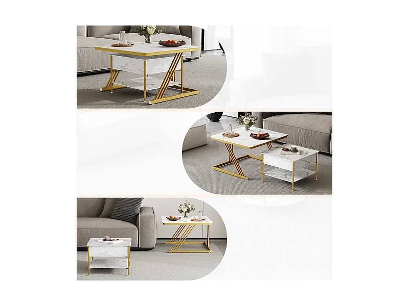 Nest-Beistelltische quadratisch, mit klappbarer Platte, goldene Metallfüße, max. Belastung 80kg, Weiß und gold