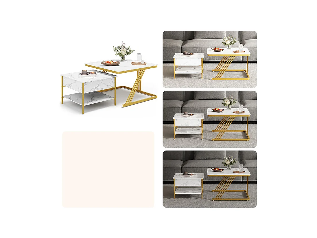 Nest-Beistelltische quadratisch, mit klappbarer Platte, goldene Metallfüße, max. Belastung 80kg, Weiß und gold